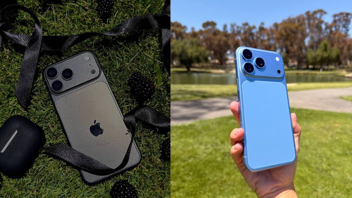 Split image: left shows a gray iPhone on grass with a black strap; right shows a blue iPhone held in a park setting.