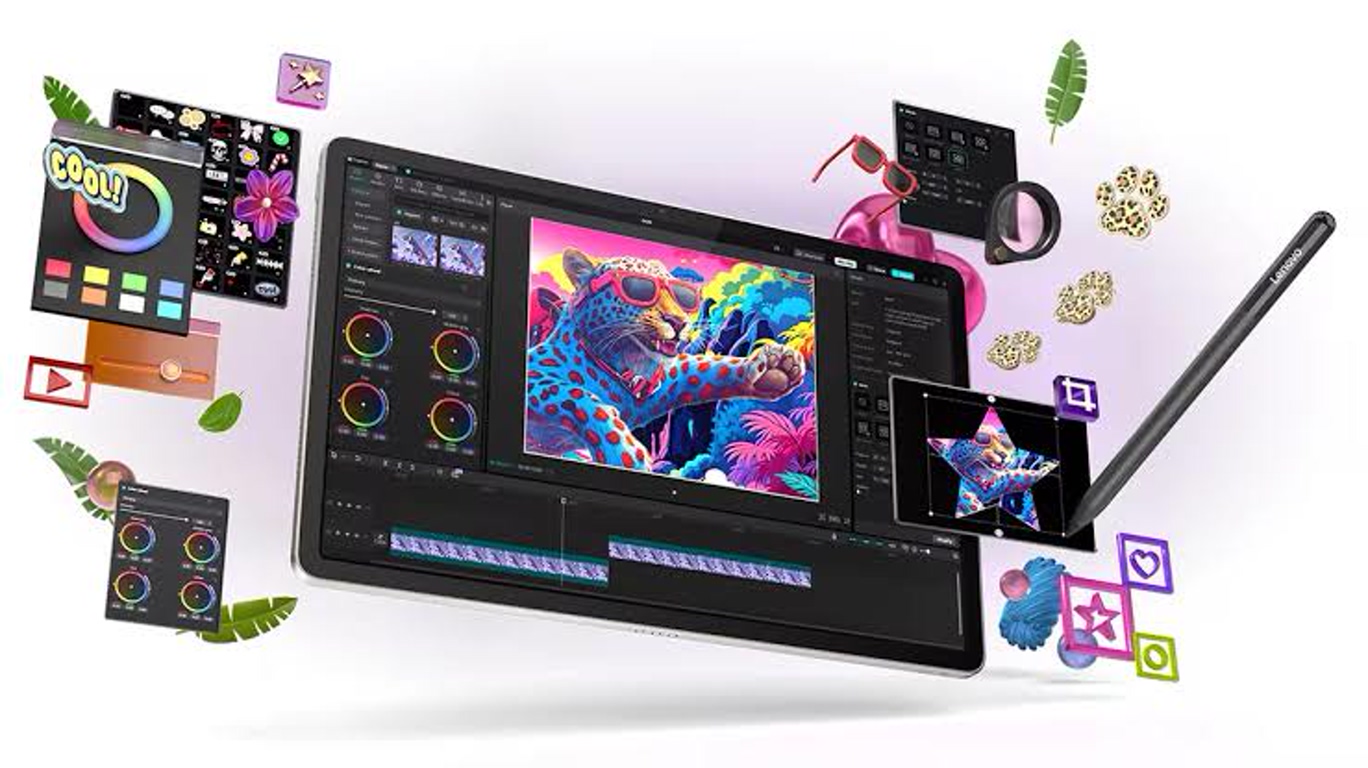 Digital art workspace: a pen tablet with a stylus showing colorful editing software and vibrant artwork on screen.