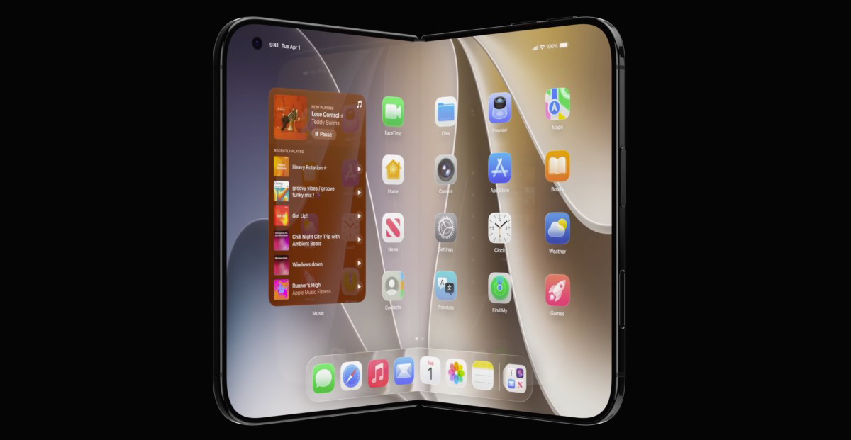 Foldable smartphone opened like a book, showing app icons on both screens against a black background.