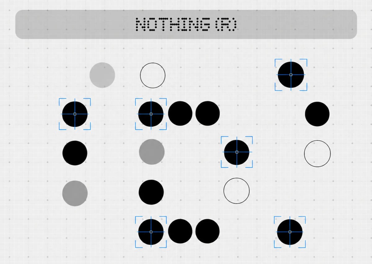 Abstract grid with scattered black and gray circles; several circles have blue selection boxes around them, suggesting the selected items in a puzzle or interface. A rounded banner with pale text sits at the top.