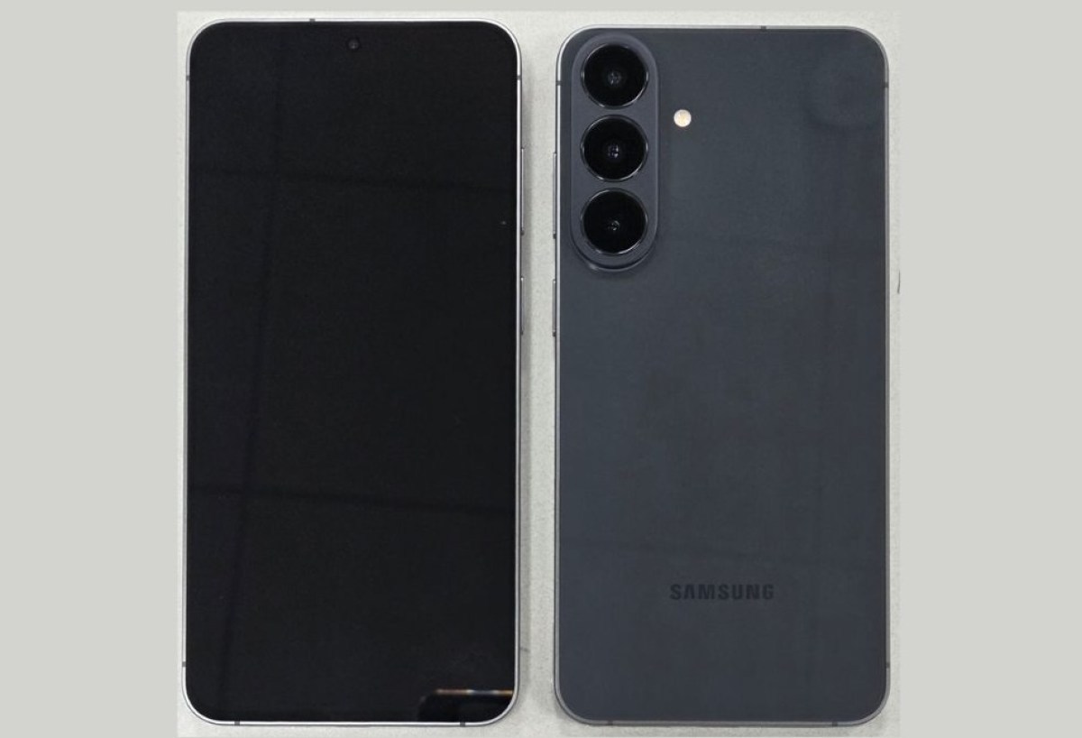 Front and back view of a Samsung smartphone: black screen on the left, triple-camera module on the back right, gray finish with Samsung logo.