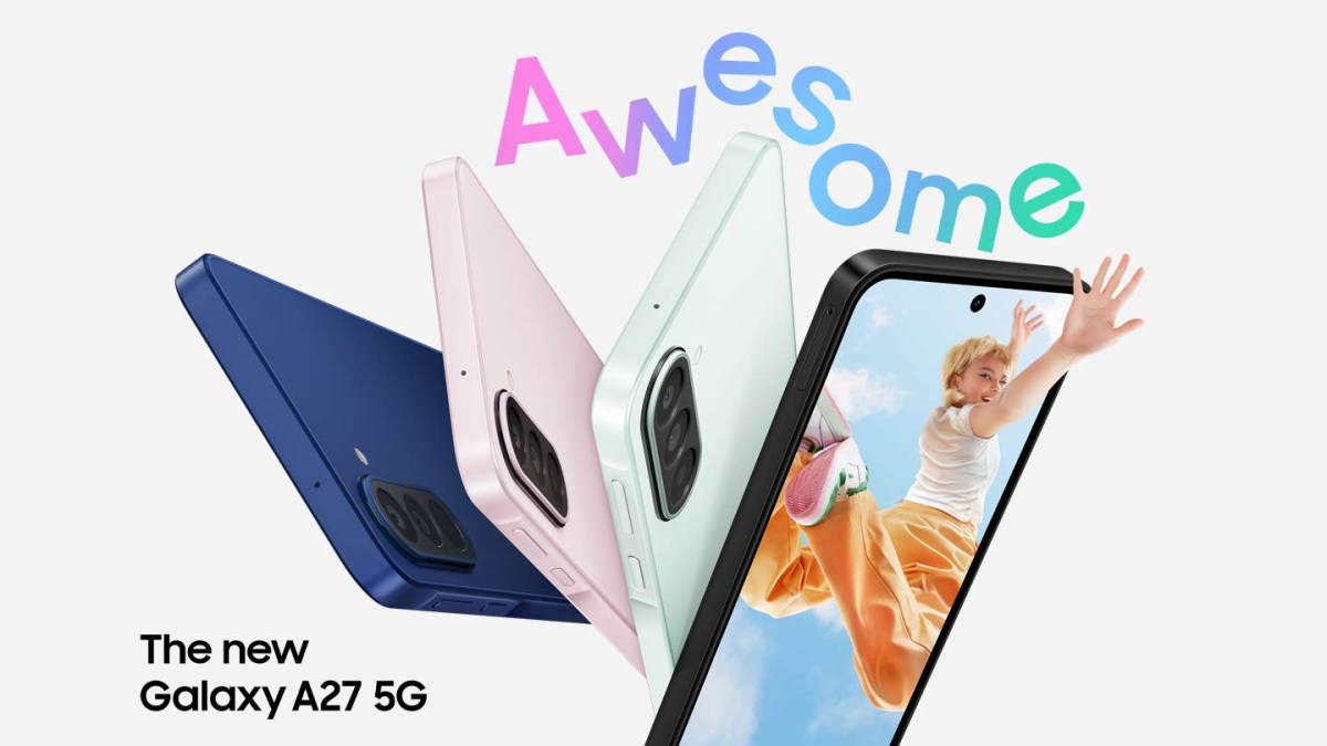 Samsung Galaxy A27 5G smartphones in blue, pink, mint, and black, fanned out with an action shot on the screen.