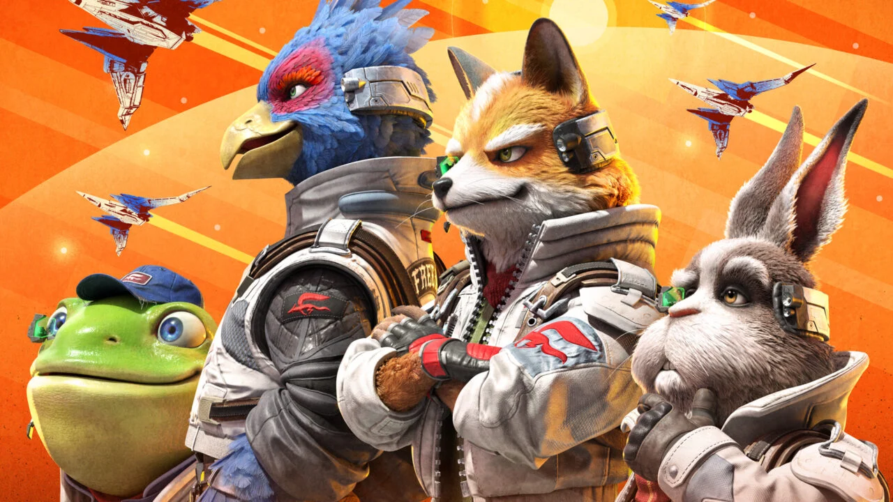 Group of Four Anthropomorphic Animals in Futuristic Space Suits Standing Together Against an Orange Starfield Backdrop