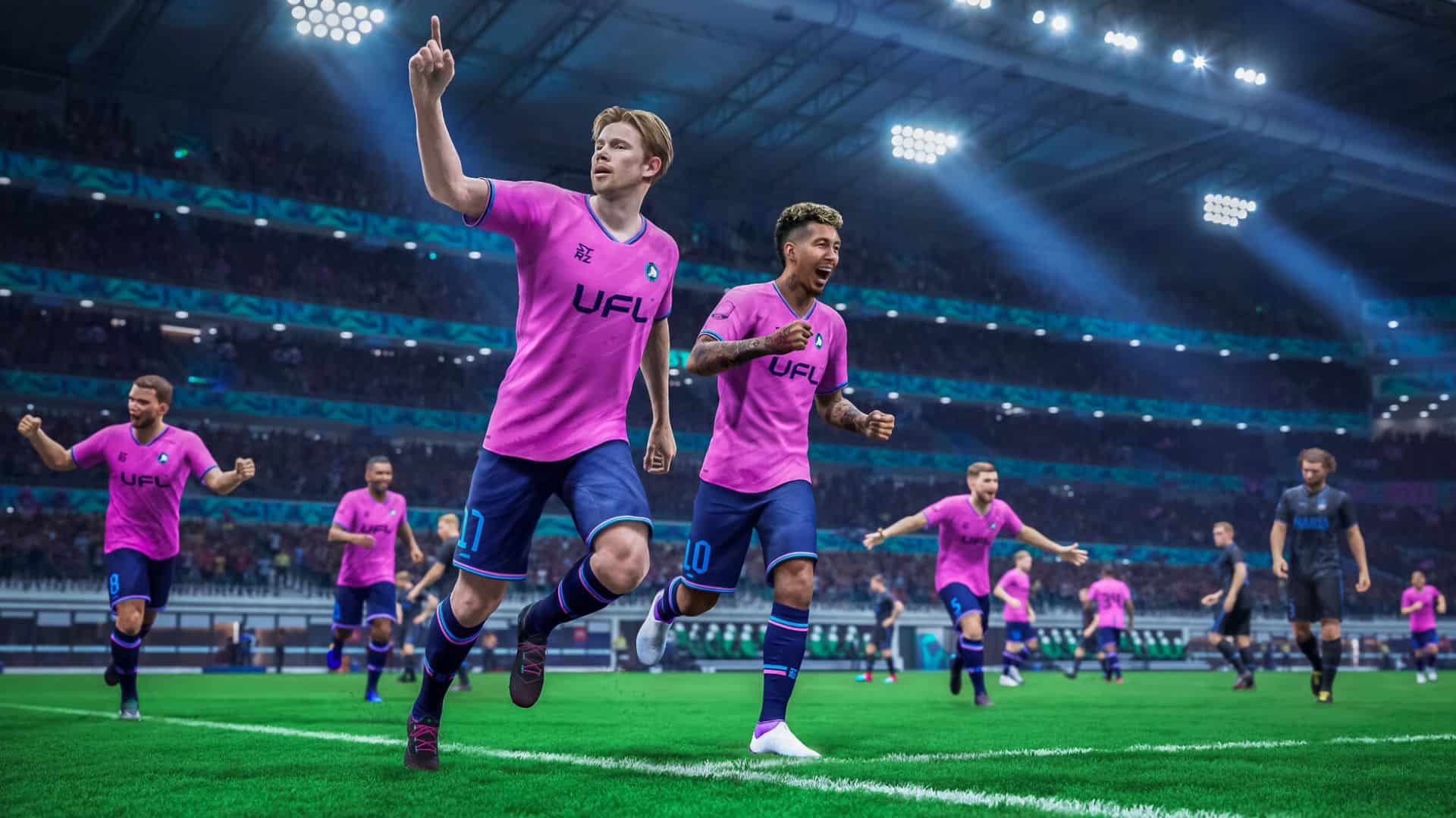 Football Players in Pink Kits Celebrate on a Green Pitch Under Bright Stadium Lights