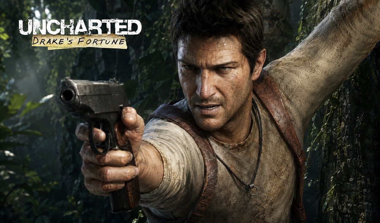 Nathan Drake from Uncharted Drake's Fortune Aims a Pistol Through Dense Jungle Foliage Ready for Action