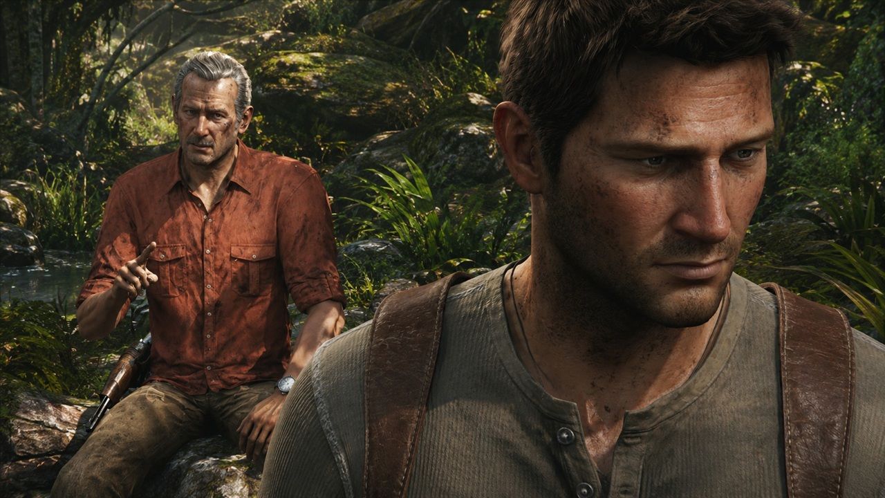 Close up of a Rugged Man in a Brown Shirt with a Backpack Strap in a Jungle Behind Him an Older Man in a Red Shirt Points While Seated with a Rifle Nearby