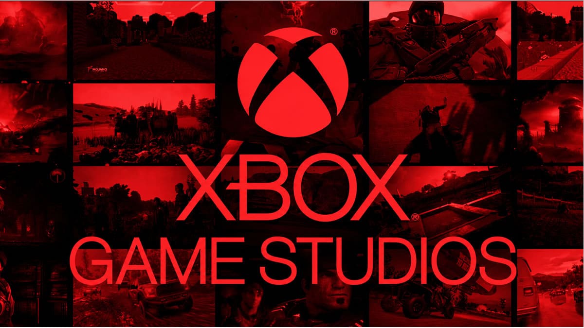 Red tinted Collage with the Xbox Game Studios Logo Centered over Multiple In game Scenes Forming a Promotional Banner for Xbox Game Studios