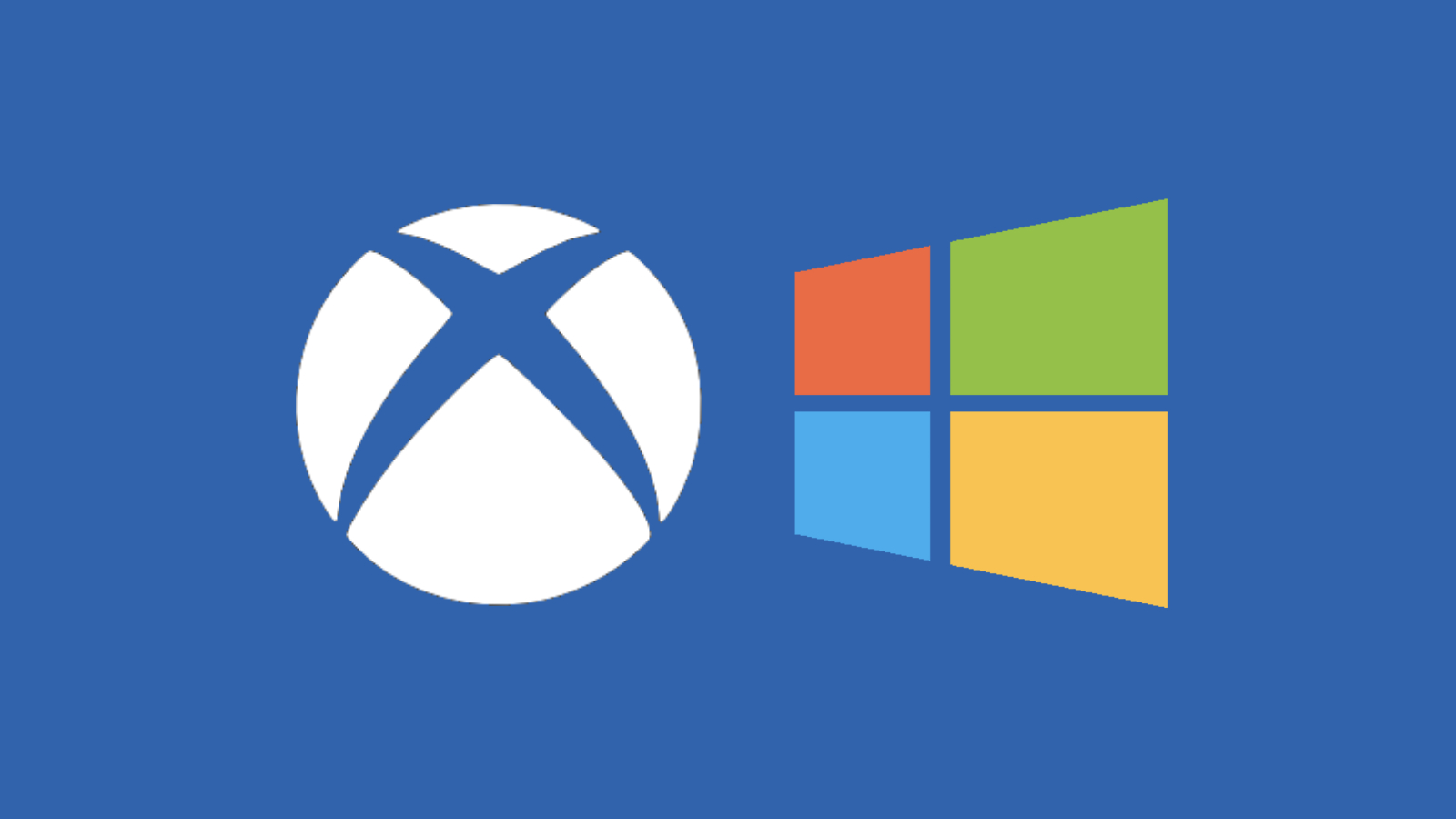 Xbox Logo white Ball with X Next to a Four tile Windows Logo on a Blue Background Side by Side Image Pair