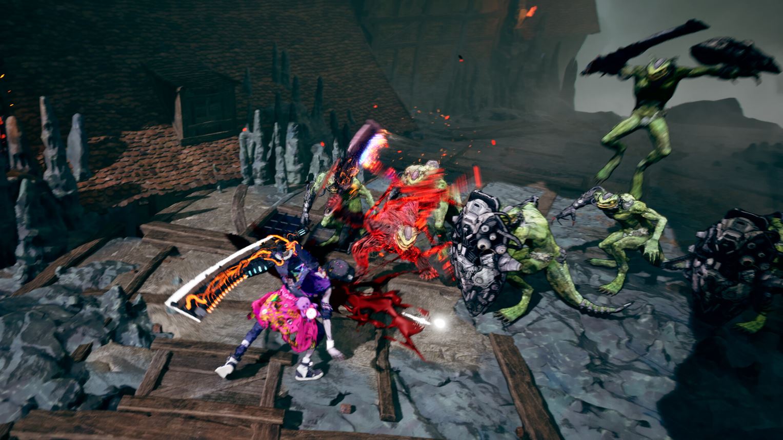 a Colorful Armored Fighter Swings a Glowing Blade at Green Monsters on a Broken Wooden Bridge in a Dark Cavernous Setting Sparks Flying As Combat Ensues