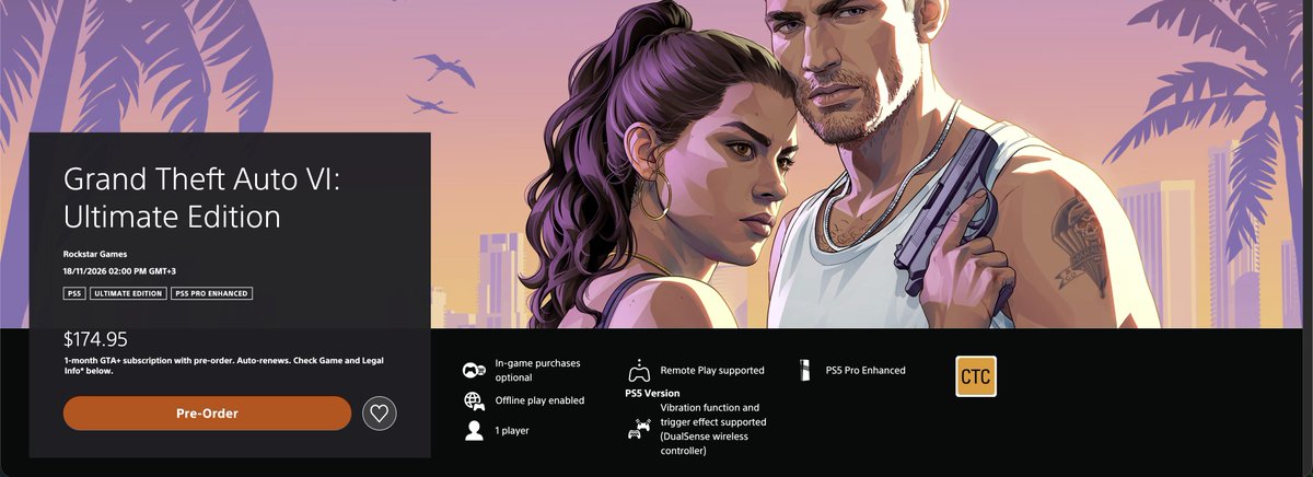 Promo Banner for Grand Theft Auto Vi Ultimate Edition with a Man and a Woman in the Foreground and a Sunset City Skyline in the Background