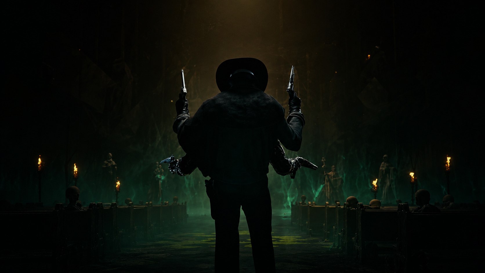 Silhouetted Gunslinger with a Wide brimmed Hat Back to Viewer Dual Pistols Raised in a Torch lit Foggy Chamber of Skeletons and Eerie Green Light