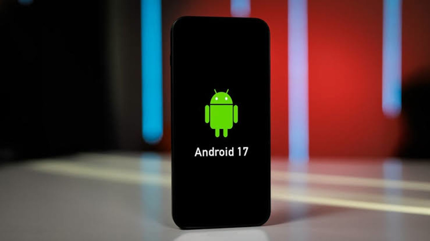 Smartphone standing upright with a black screen showing the green Android logo and 'Android 17' text.