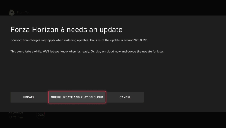 Update Dialog for Forza Horizon 6 with Options Update 'queue Update and Play on Cloud' or Cancel