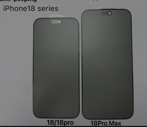 Side-by-side display of two iPhone 18 series devices: left labeled 18/18 Pro and right labeled 18 Pro Max, showing different front camera/notch designs.