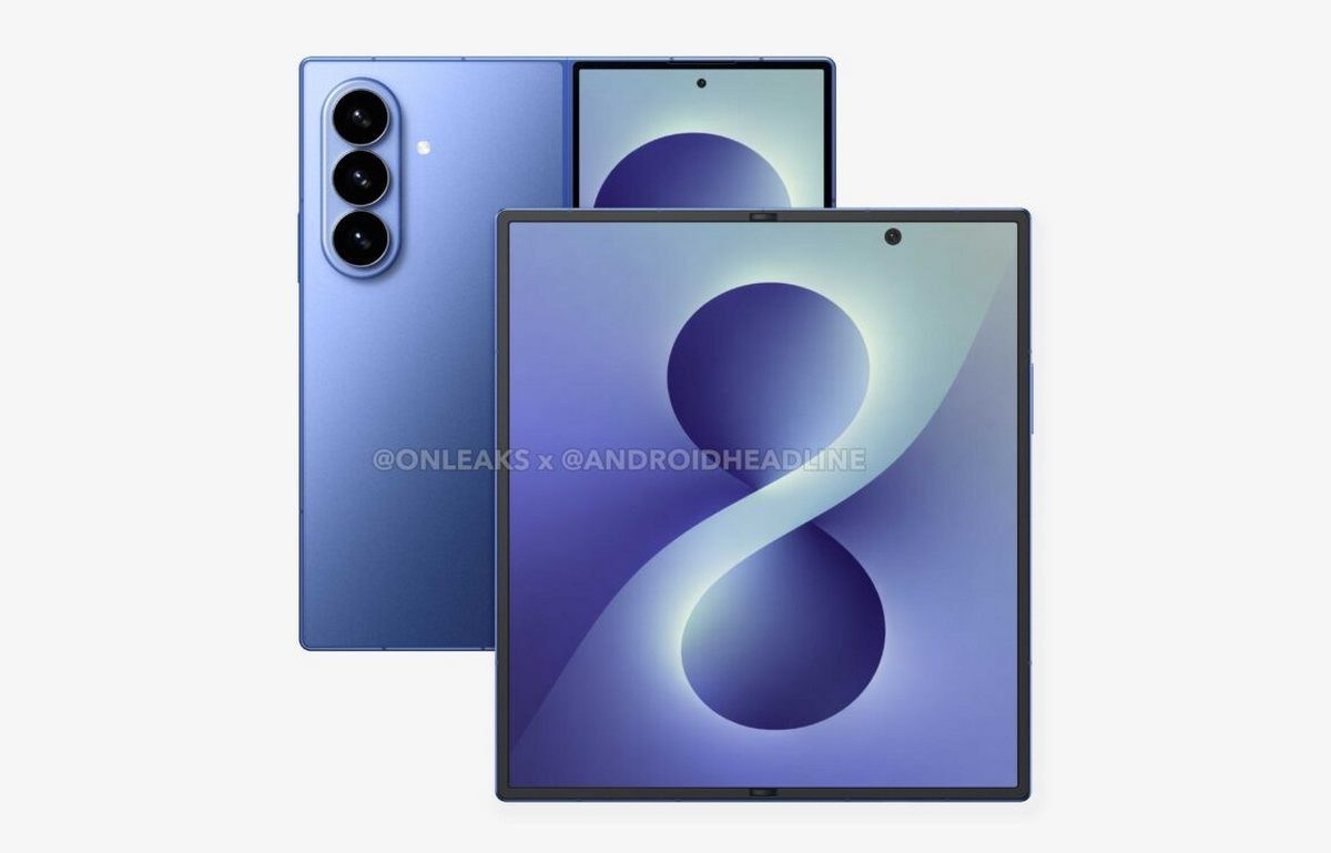 Blue foldable smartphone/tablet with a triple-camera rear module and a large inner display showing a blue wallpaper.