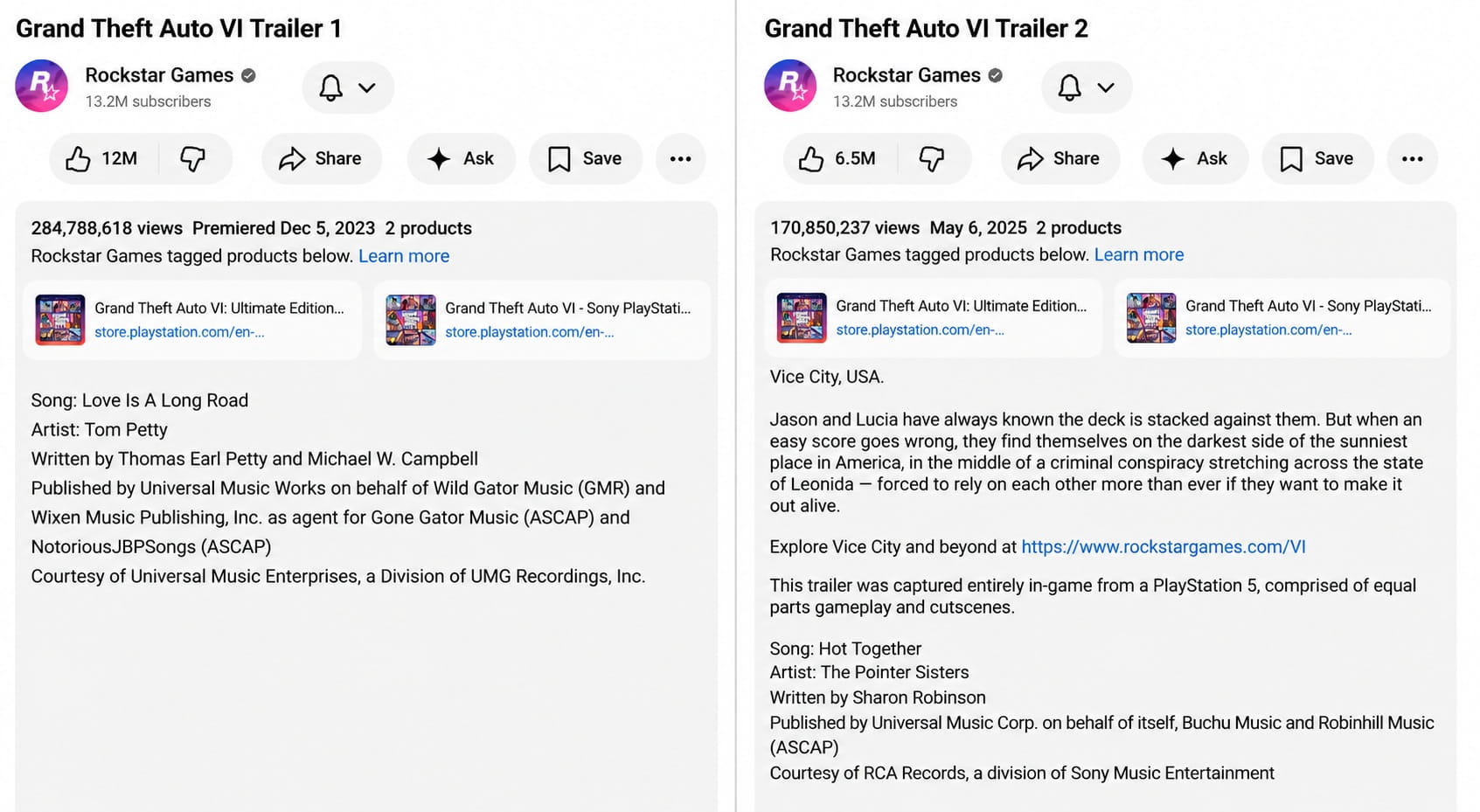 Side by side Screenshots of Gta Vi Trailer Pages Trailer 1 and Trailer 2 from Rockstar Games Showing Subscriber Counts Action Buttons and Text Blocks Listing Song Credits and Credits