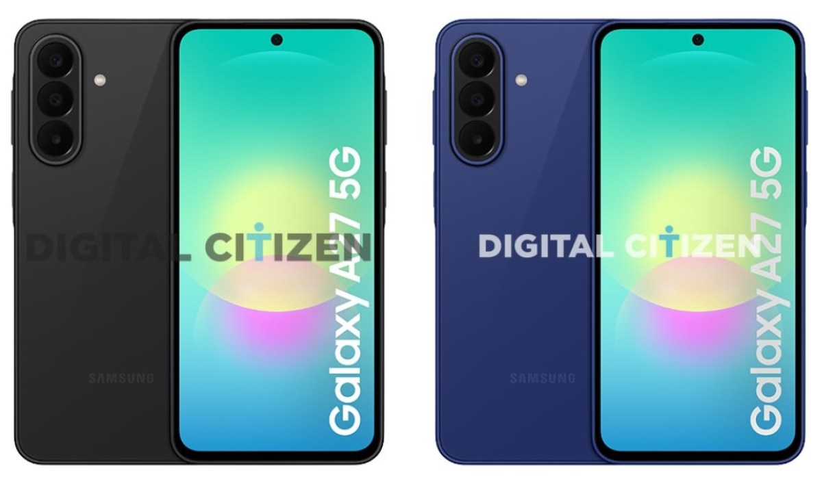 Two Samsung Galaxy A71 5G smartphones shown side by side: one black, one blue, with a vertical triple-camera module on the back and a colorful gradient screen wallpaper visible on the fronts.