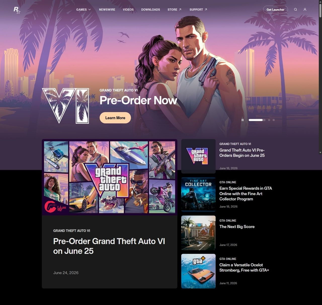 Gta Vi Hero Banner with a Couple in Sunset Background and Palm Trees Promoting Pre order Now