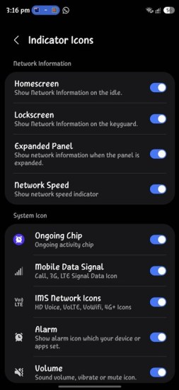 Dark settings screen titled Indicator Icons, showing toggles for Homescreen, Lockscreen, Expanded Panel, Network Speed, and system icons like Ongoing Chip and Alarm.