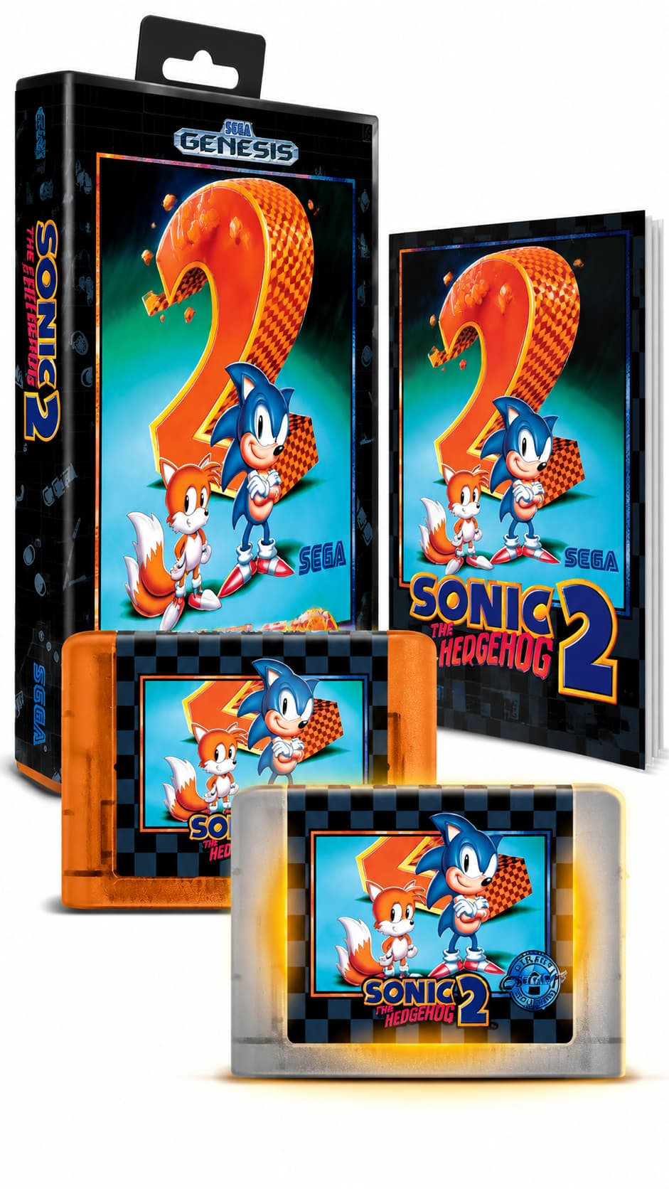 Sonic the Hedgehog 2 Game Packaging with Cartridges and a Boxed Sega Genesis Version Featuring Sonic and Tails Against a Large Orange Number 2 Poster Art
