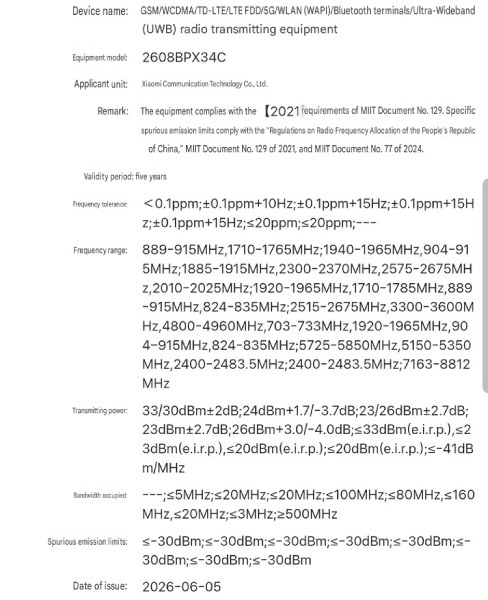 Specification sheet for 2608BPX34C transmitting equipment: model, applicant Xiaomi, remarks, validity, frequency ranges, power, and emission limits.
