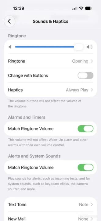 iPhone Settings screen showing Sounds & Haptics with Ringtone, Change with Buttons, Haptics, and Ringtone volume options.