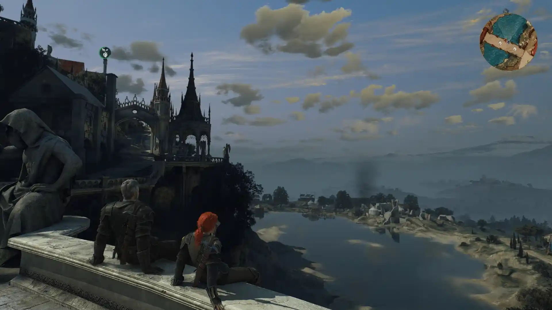 Mpwitcher Three Armored Adventurers Stand on a Stone Balcony Overlooking Gothic Ruins River Valley and Distant Hills in a Fantasy Scene with a Circular Map Overlay to the Right