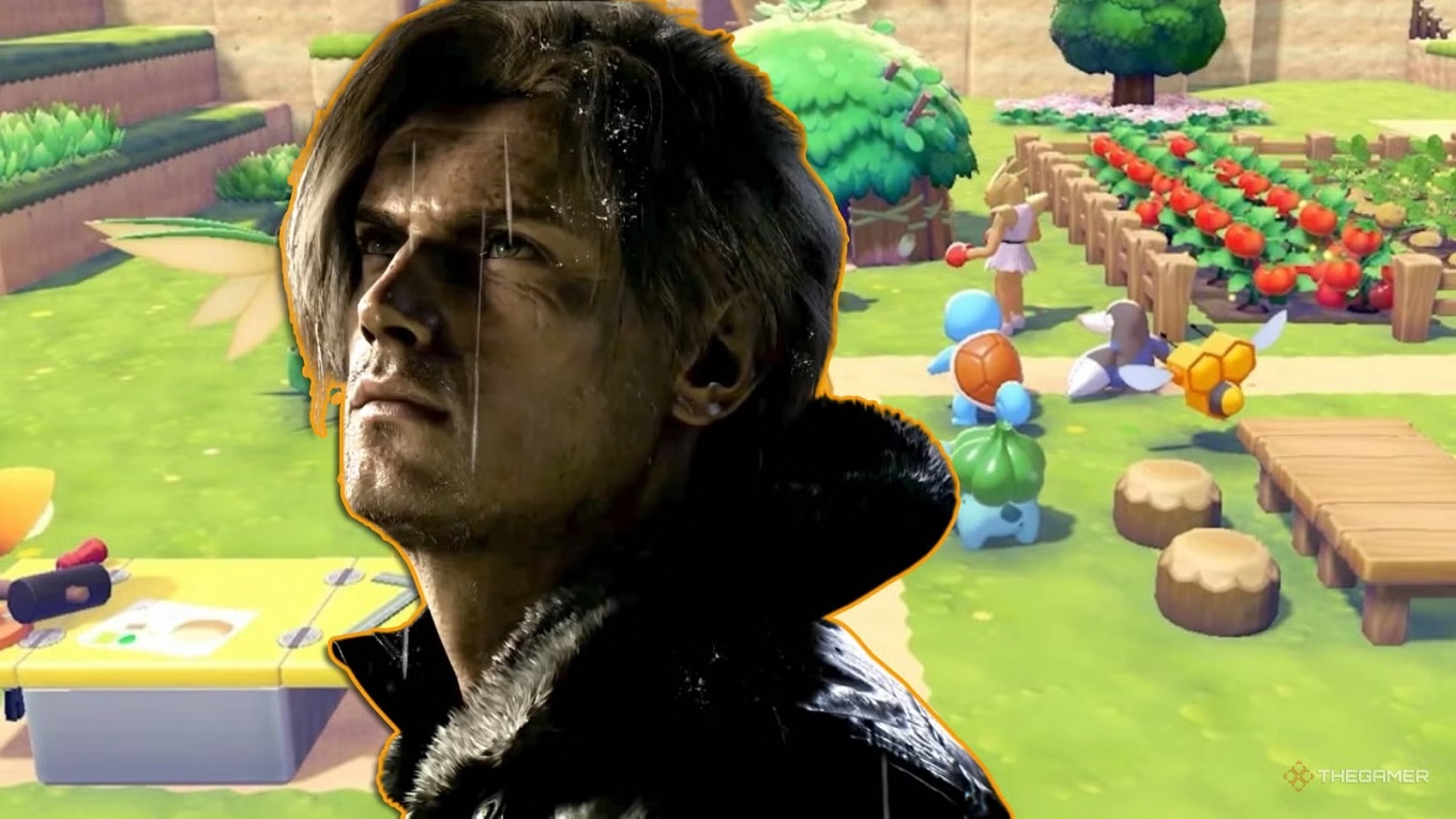 Moody Man in a Black Jacket over a Bright Cartoon Game Background collage