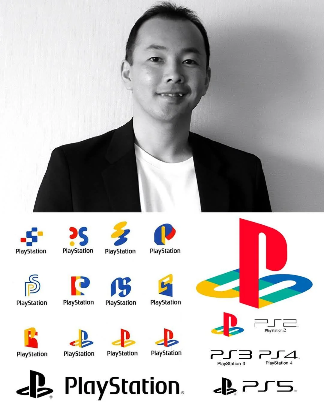 Black and white Portrait of a Man in a Blazer Above a Collage of Colorful Playstation Logos and Console Badges Below