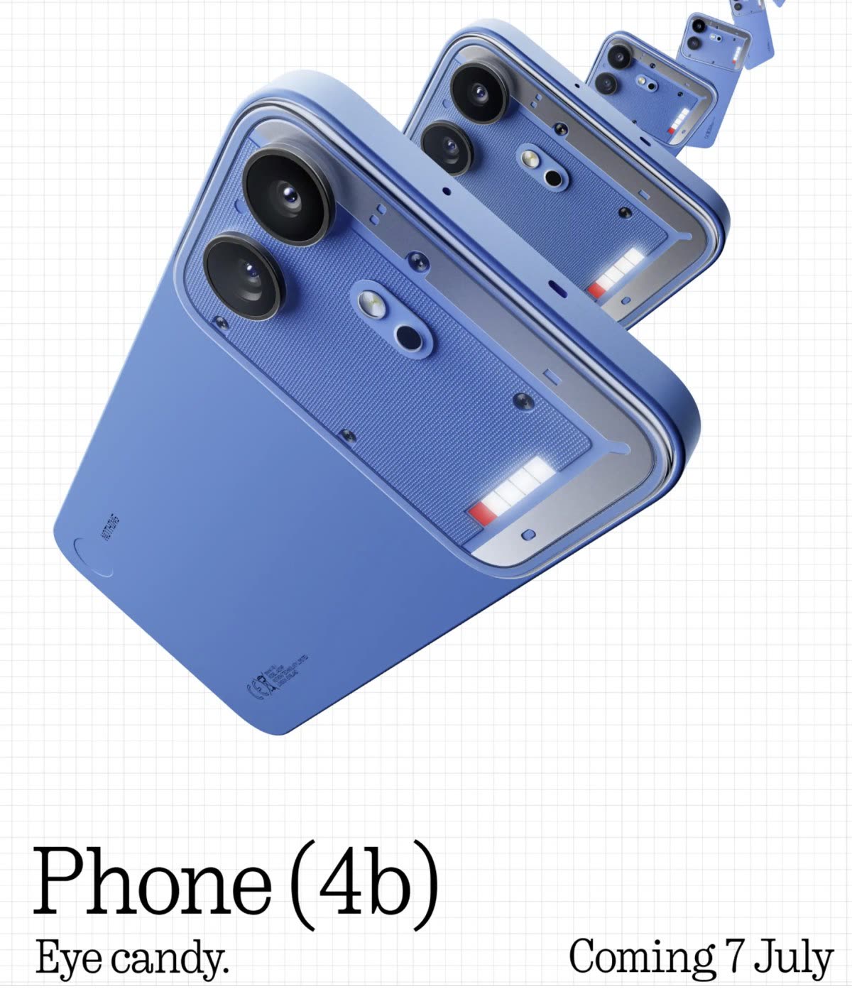 Blue smartphone with a prominent triple-camera module, shown in overlapping angles against a grid background.