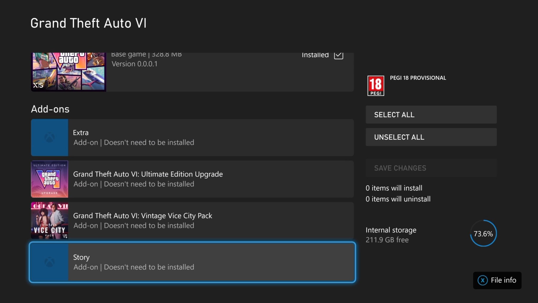 Gta Vi Install Screen 'story' Add on Selected with a Blue Highlight and Options 'select All'  'unselect All' on the Right