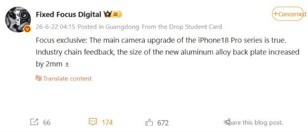 Social post by Fixed Focus Digital about the iPhone 18 Pro camera upgrade; includes post text and reaction counts (66, 174, 672).