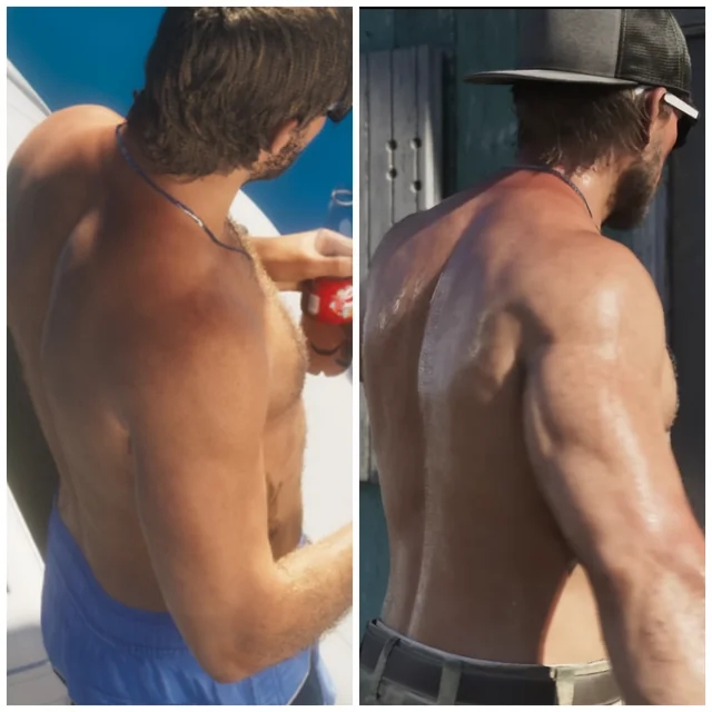 Two Side by side Back Views of a Shirtless Man with a Necklace Left in Blue Shorts Right with a Cap and Belt Both Showing Muscular Back