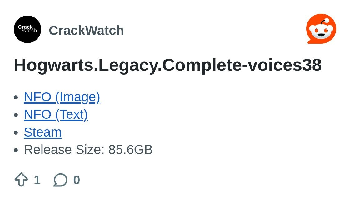 Crackwatch Page for Hogwartslegacycomplete voices38 with Links Nfo image Nfo text Steam Release Size 856gb