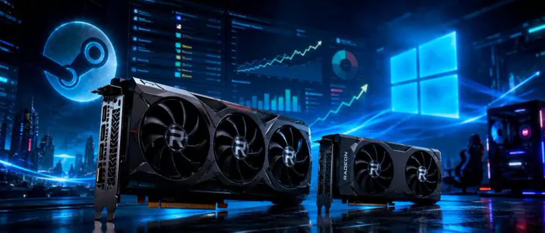 Pair of high-end graphics cards with large cooling fans in a neon blue data-center setting.