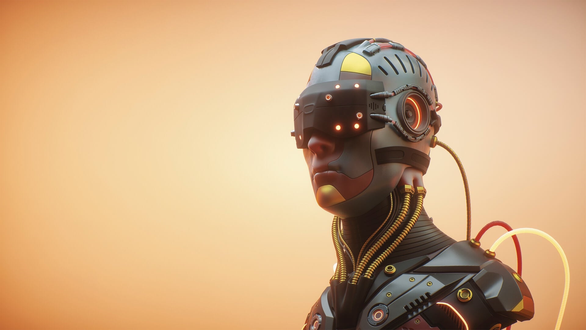Futuristic Android Head with a Dark Visor Glowing Orange Lights and Coiled Cables Against an Orange Gradient Background