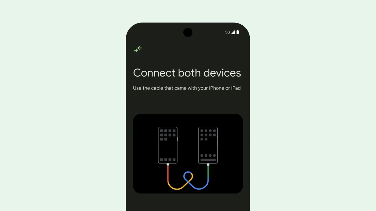 unnamed-4 Screen showing a setup prompt: 'Connect both devices' with two phones connected by colorful cables in a black panel; data transfer setup image.