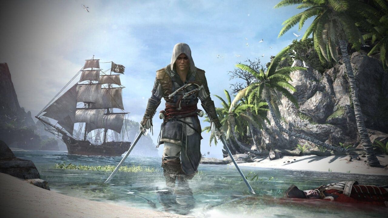 Hooded Assassin Stands Knee deep in Tropical Water Approaching the Viewer with a Ship and Palm covered Cliffs in the Background