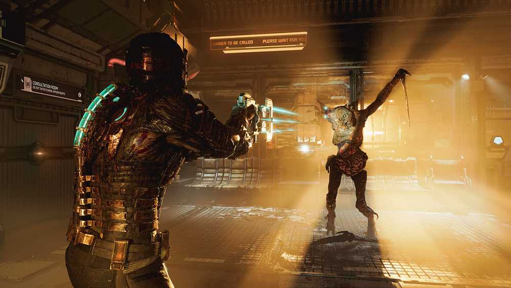 Armored Sci fi Soldier Fires a Weapon at a Skeletal Zombie like Enemy in a Dim Orange lit Corridor