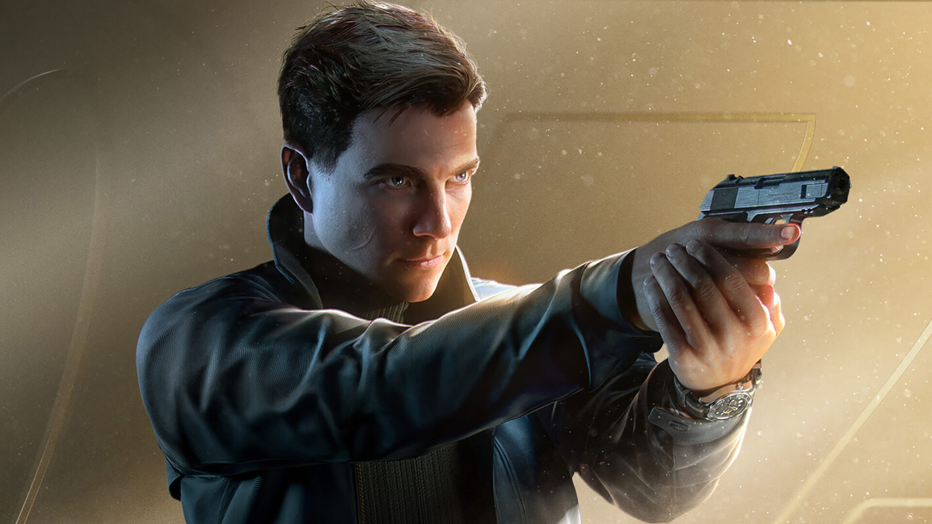 Man in a Dark Jacket Aims a Handgun with a Focused Expression Pointing to the Right in a Dramatic Background