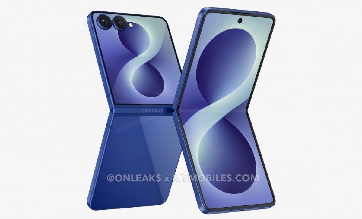 Blue Samsung foldable smartphone opened to reveal the inner display.