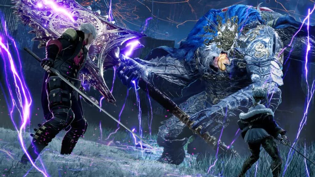 Two Armored Fighters Clash in a Stormy Battlefield Purple Energy Crackling Around a Colossal Ice blue Demon