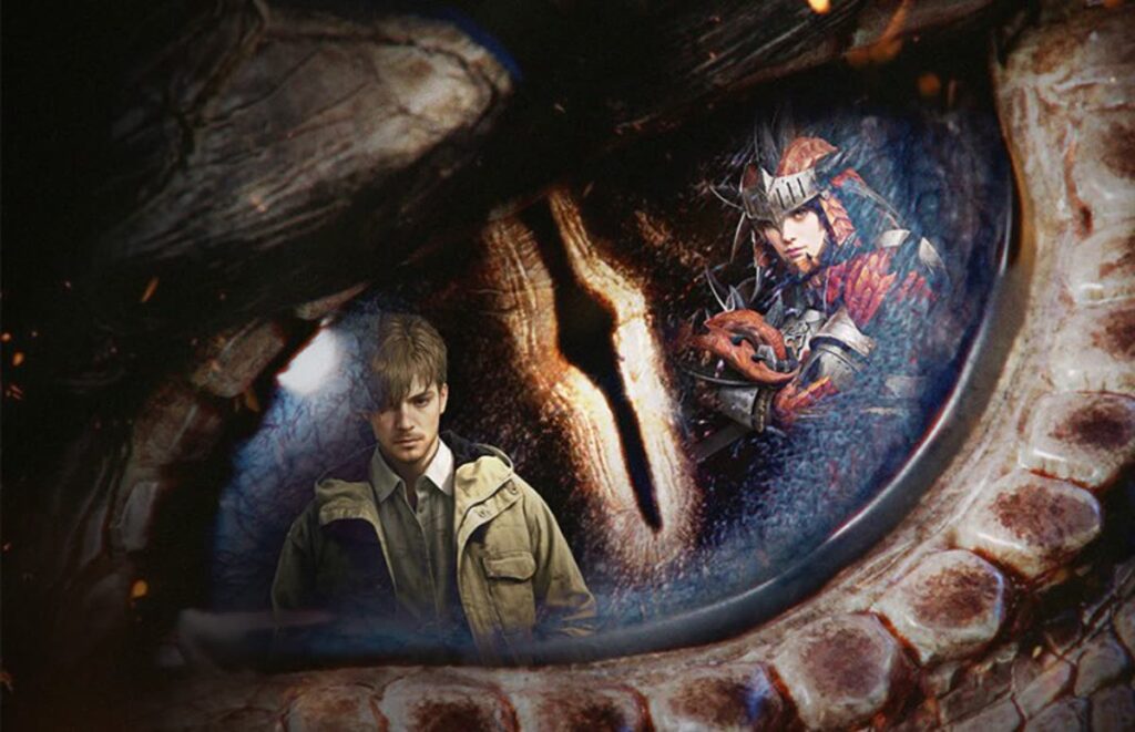 Close up of a Human Eye with a Man in a Jacket and a Fantasy Armored Warrior Reflected in the Iris Like a Dreamlike Reflection
