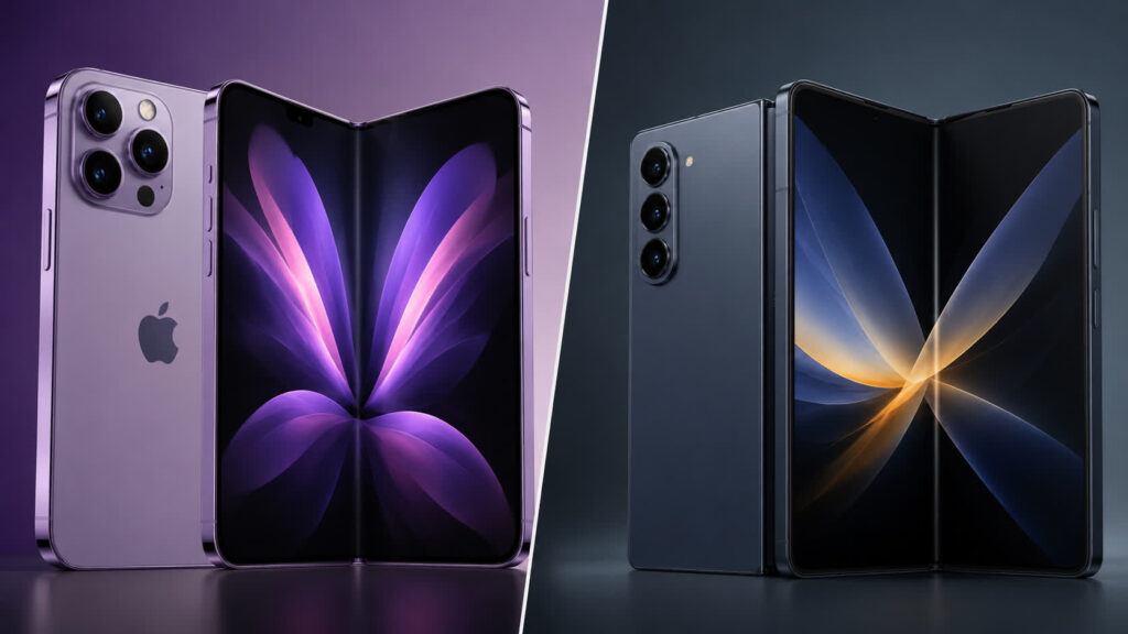Two foldable smartphones displayed side by side: left in purple with a triple-camera module and purple wallpaper, right in dark blue with a geometric wallpaper.