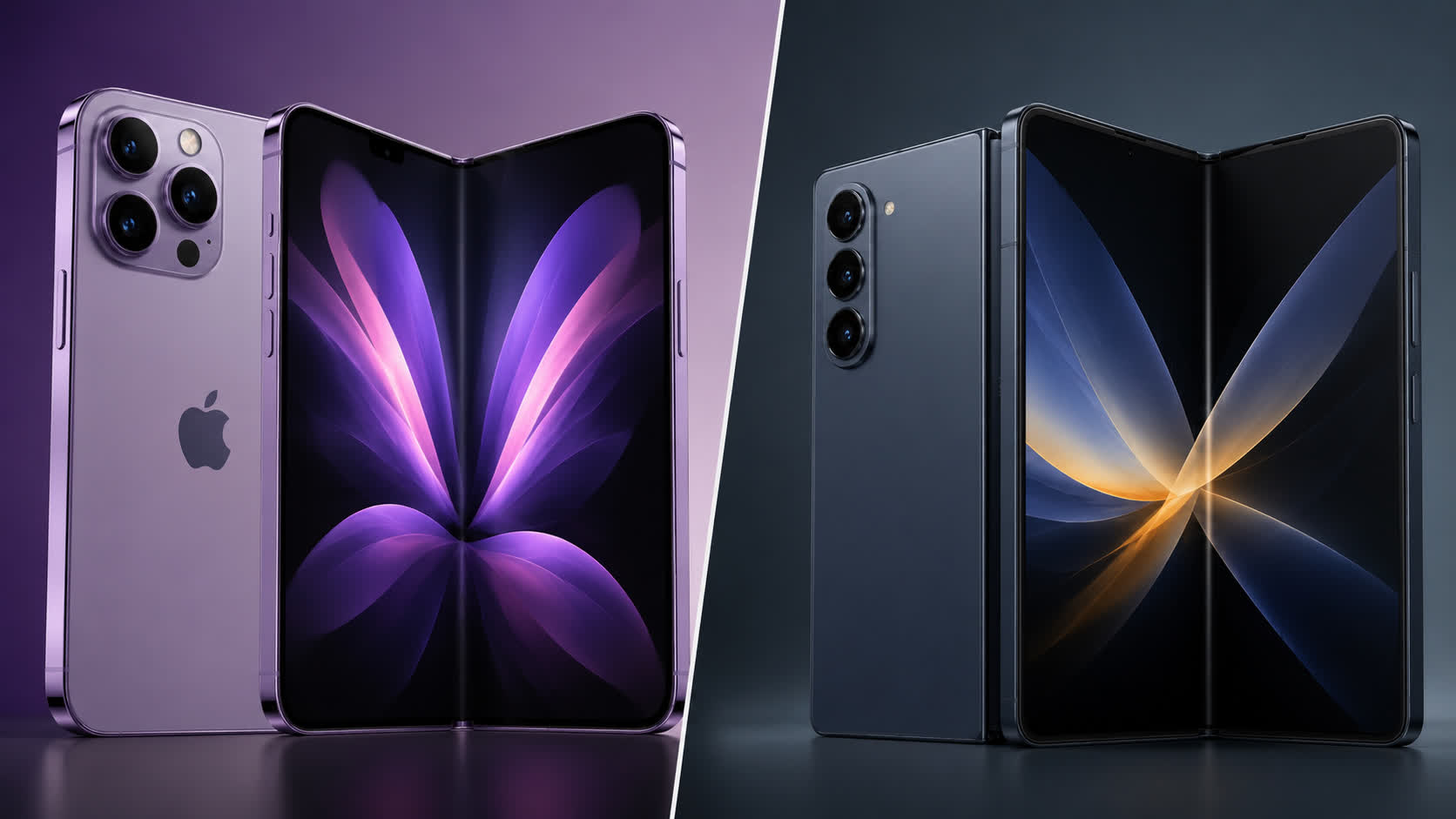Two foldable smartphones displayed side by side: left in purple with a triple-camera module and purple wallpaper, right in dark blue with a geometric wallpaper.