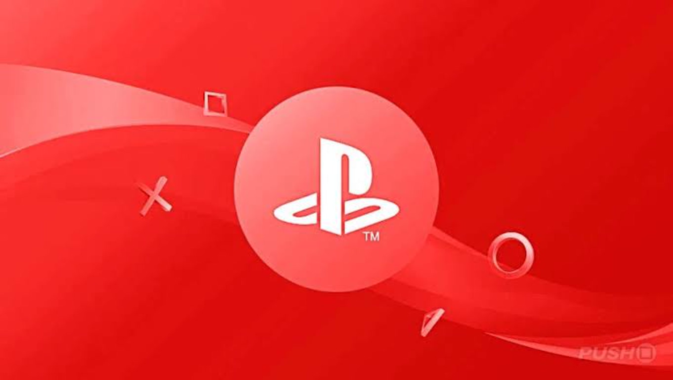 Red Background Featuring a White Playstation Logo Inside a Pinkish Circle with Abstract Curved Ribbons Across the Scene