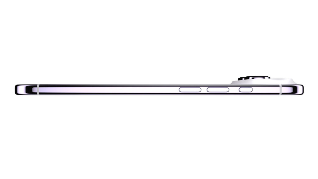 Side profile of a slim smartphone with volume buttons on the side and a protruding camera module on the far right, on a white background.