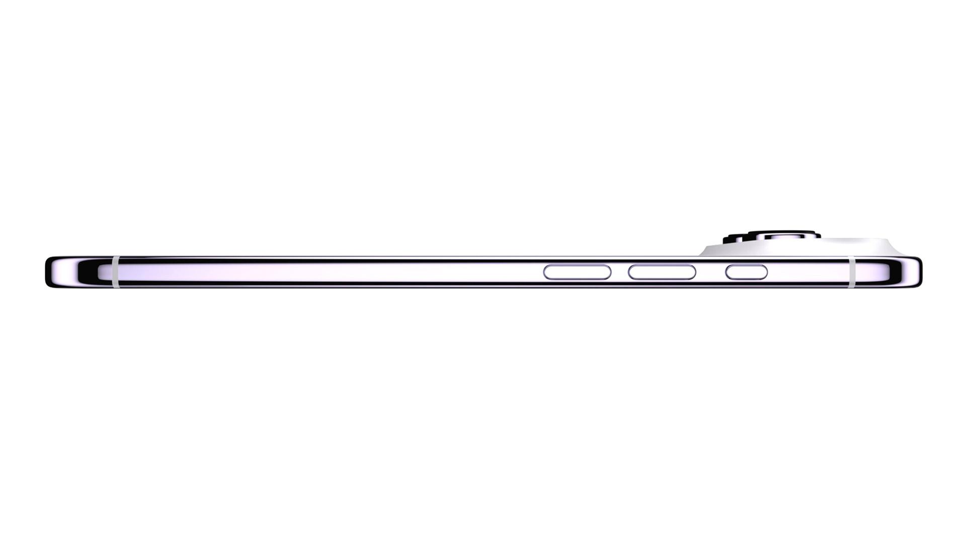 Side profile of a slim smartphone with volume buttons on the side and a protruding camera module on the far right, on a white background.