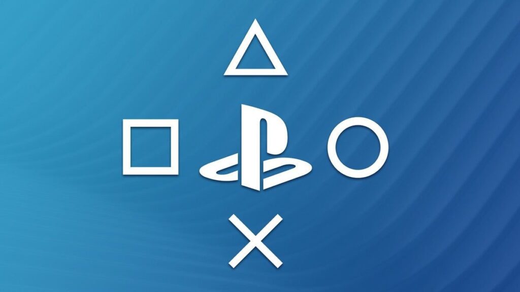 Blue Gradient Background with White Playstation Controller Symbols Triangle at Top Square Left Circle Right and X at Bottom with a Stylized Central Logo