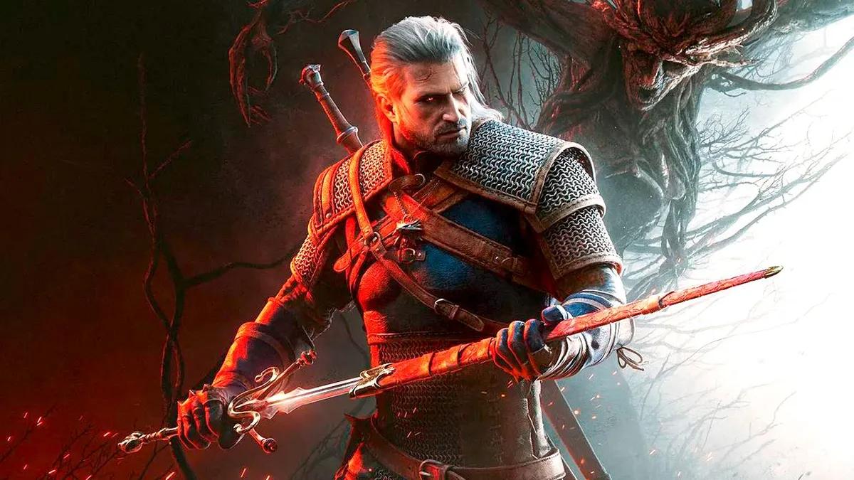 Geralt of Rivia in Armor Wielding a Glowing Sword Ready for Battle in a Dark Eerie Scene with a Menacing Backdrop